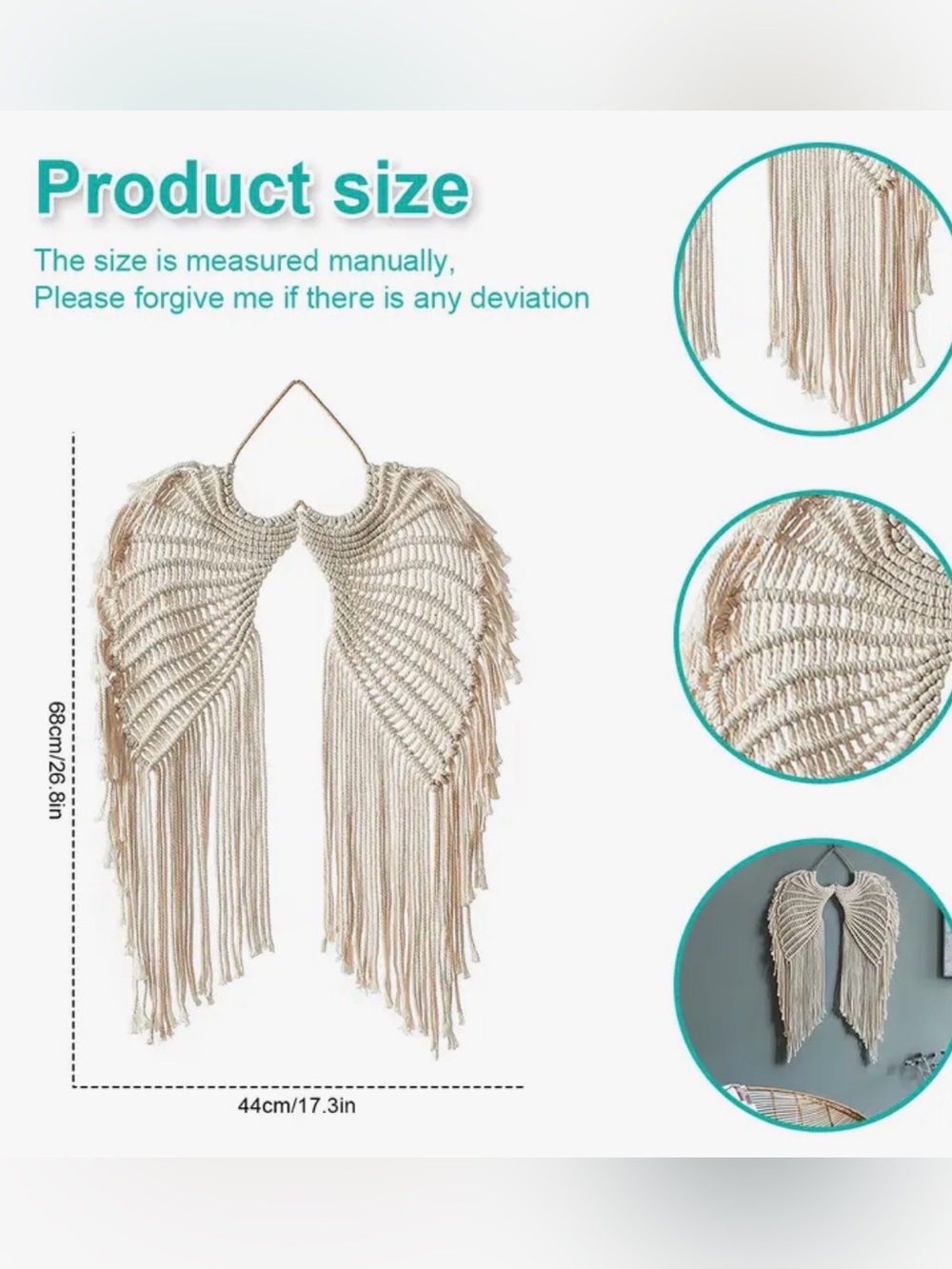 Handmade Macramé Angel Wing Tapestry with Long Tassels Wall Hanging - Picture 6 of 10